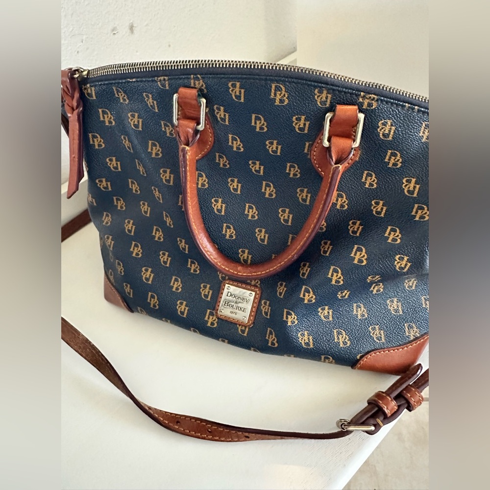 Dooney & Bourke Blue and Tan Logo Satchel